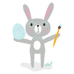Clip art easter bunny in glasses, easter painted egg and art brush. Bright, funny, cute editable EPS 10 easter graphic illustration. For greeting cards, web sites, banners. 