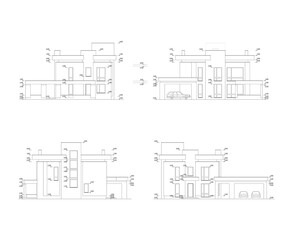 Set of detailed private house facade elements, architectural technical drawing, vector 