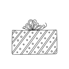 Gift box with ribbon. Hand drawn doodle sketch. Isolated holiday item. Vector image.
