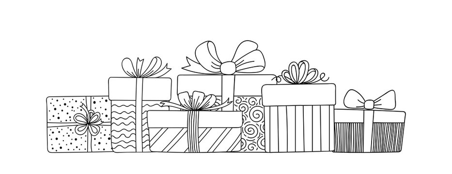 Gift boxes with ribbons set. Hand drawn doodle sketch. Isolated holiday items. Vector image.