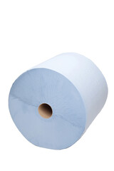 side on view of industrial sized roll of blue tissue paper