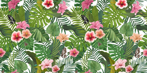 Seamless tropical pattern with hibiscus flowers and leaves. Colored background from the leaves of colocasia, filodendron, monstera. Exotic Hawaiian wallpaper. Hand-drawn 3D illustration. © Polina