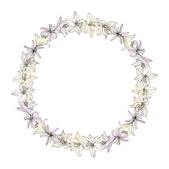 Wreath with Lily flower, bud and leaf. Hand drawn illustration. Vector image in sketch style.