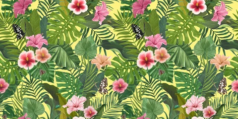 Schilderijen op glas Exotisch Hawaiiaans patroon met hibiscusbloemen, vlinders, kevers en tropische bladeren. Tropisch gekleurd behang. Hand tekenen op een lichte achtergrond. Palm, monstera, colocasia, bananenbladeren. © Polina