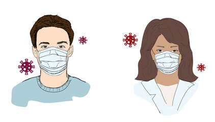 Corona virus protection, people in masks, woman and man