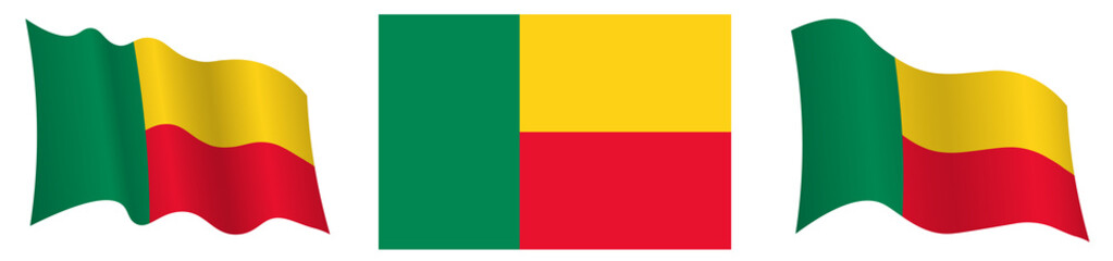 Republic of Benin flag in static position and in motion, fluttering in wind in exact colors and sizes, on white background