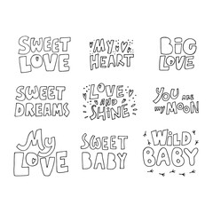 Love lettering set. Hand drawn iillustration. Vector image.