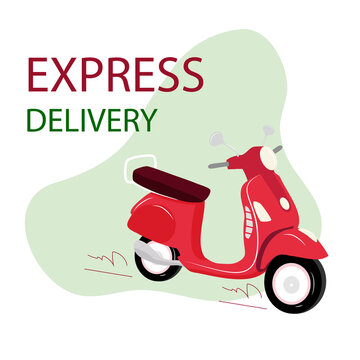 Red motorbike with text Express delivery. Delivery service. Fast shipment concept. Flat vector illustration. Red scooter on white background. Pizza, food, flowers delivery concept. Editable EPS 10.