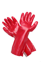 Obraz premium pair of red cleaning gloves against a white background