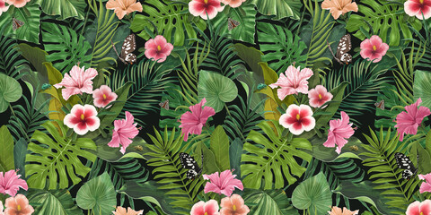 Panele Szklane  Exotic tropical pattern with hibiscus flowers, butterflies, tropical leaves. Floral background. Hand-drawn 3D illustration. Suitable for the design of fabric, paper, wallpaper, notebook covers