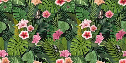 Foto op Plexiglas Exotic tropical pattern with hibiscus flowers, butterflies, tropical leaves. Floral background. Hand-drawn 3D illustration. Suitable for the design of fabric, paper, wallpaper, notebook covers © Polina