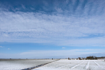 Snowy landscape in Friesland, The Netherlands with blue sky, snow and sun