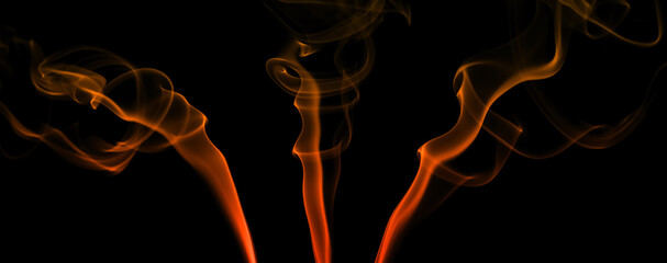 collection swirling movement of orange smoke group, abstract line Isolated on black background