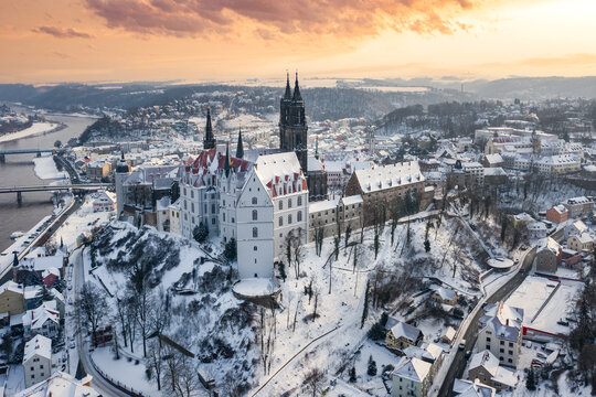 Albrechtsburg Meissen Sachsen Deutschland Wolken Blauer Himmel Schnee Dresden Dom Meissen Winterlandschaft Europa Hotspot Sonnenuntergang 