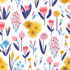 Seamless pattern of tulip, rose, aster, calendula and other colorful flowers. Hand drawn illustration in doodle style. Isolated in white background for fabric, wallpaper and another print design.