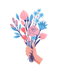 Bouquet illustration: tulip, rose, lilies of the valley, aster and other different flowers. Hand drawn vector illustration in doodle style. For web and another print design.