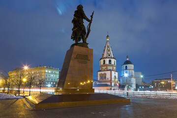 View of the Cathedral of the Epiphany and monument to the founders of Irkutsk, Russia