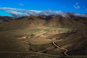 View of serpent mountain road. Route 13 from Humahuaca to Iruya in Salta Province, Argentina. Sky...