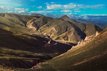 View of serpent mountain road. Route 13 from Humahuaca to Iruya in Salta Province, Argentina. Sky and geological formation