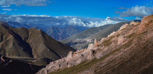 View of serpent mountain road. Route 13 from Humahuaca to Iruya in Salta Province, Argentina. Sky...