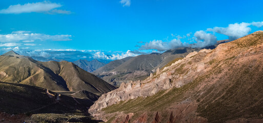 View of serpent mountain road. Route 13 from Humahuaca to Iruya in Salta Province, Argentina. Sky...