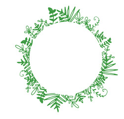 vector template of doodle twigs in green with an empty space inside in the form of a circle for text. floral wreath design hand drawn twig with leaves on white background