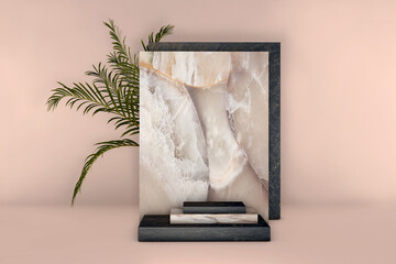 Luxury beige and black marble square podium with palm leaves in pastel background. Concept scene stage showcase, product, promotion sale, banner, presentation, cosmetic. 3D render
