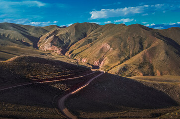 View of serpent mountain road. Route 13 from Humahuaca to Iruya in Salta Province, Argentina. Sky...
