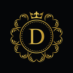 Golden Letter D.  template logo Luxury gold letter with crown. Monogram alphabet . Beautiful royal initials letter.