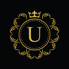 Golden Letter U.  template logo Luxury gold letter with crown. Monogram alphabet . Beautiful royal initials letter.
