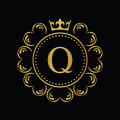 Golden Letter Q.  template logo Luxury gold letter with crown. Monogram alphabet . Beautiful royal initials letter.