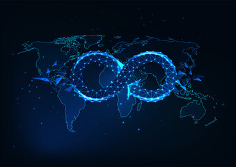 Futuristic global circular economy concept with glowing low polygonal infinity sign on the world map