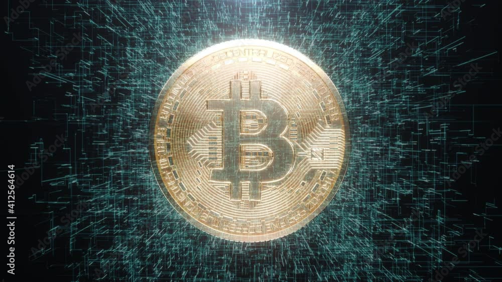 Poster bitcoin gold crypto currency rotation. close up shot on isolate back background. bitcoin mining idea