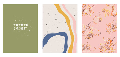 A set of three colorful aesthetic backgrounds. Minimalistic abstract social media posters, cover designs. Illustrations with positive lettering, wavy shapes, flowers with golden texture.