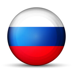 Glass light ball with flag of Russia. Round sphere, template icon. Russian national symbol. Glossy realistic ball, 3D abstract vector illustration highlighted on a white background. Big bubble.