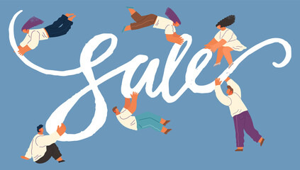 Young characters holding word Sale. Seasonal discounts. Flat editable vector illustration, clip art. Promotional shopping banner template with men and women during seasonal sales, hot prices