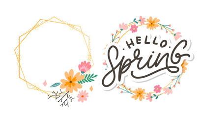 Hello Spring Flowers Text Background Frame lettering slogan