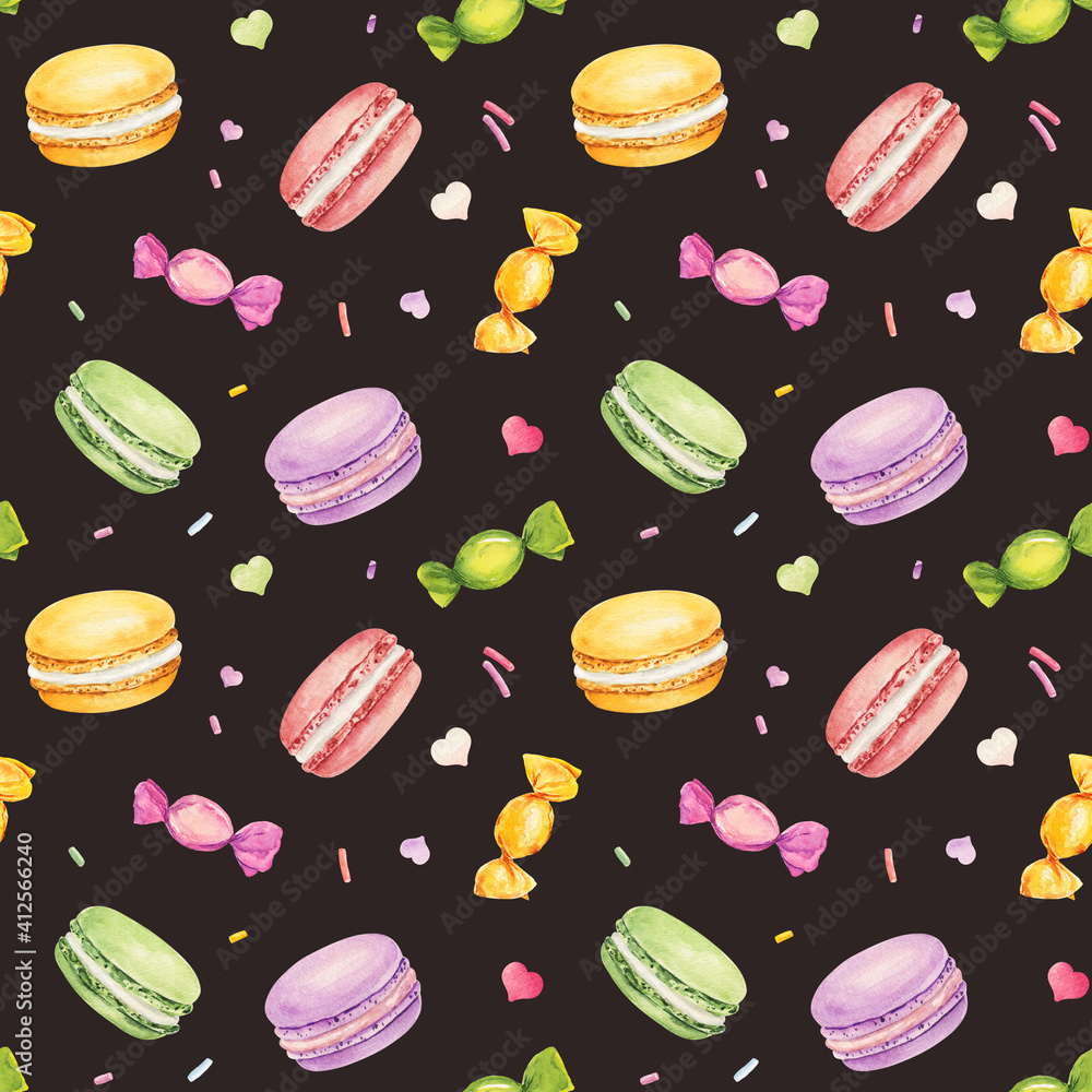 Wall mural Seamless pattern with watercolor colorful macaroons isolated on dark background.