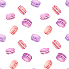 Seamless pattern with watercolor colorful macaroons isolated on white background.