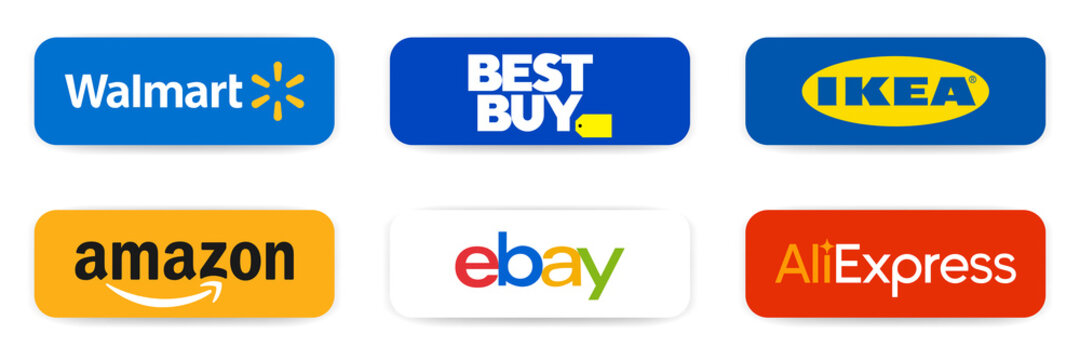 Famous online platform. Walmart, BestBuy, Ikea, Amazon, Ebay, AliExpress.  Top popular shop logos. Editorial vector illustration. Walmart, eBay,  Amazon icons. Rivne, Ukraine - February 10, 2021 Stock ベクター | Adobe Stock