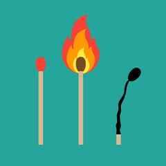 Matches, lighted match and burned match. Matchstick icon. Vector illustration