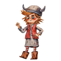 Cartoon illustration of funny viking. Boy portrait. Viking helmet. Ancient scandinavian child. Cute cartoon character. Medieval viking. Cartoon children character.