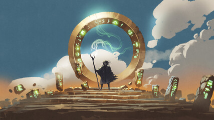Naklejka premium The wizard holds his wand standing at the circle gate, digital art style, illustration painting