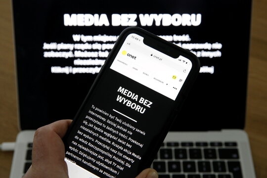 The pages of Poland's main private internet portals have black pages with the slogan 'Media without choice' in protest against a proposed media advertising tax