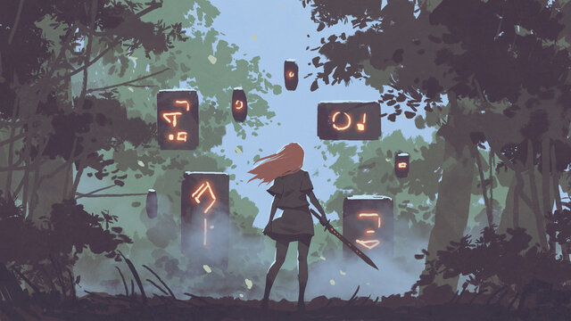 Fototapeta woman with her sword looking at the mysterious floating stones in the forest, digital art style, illustration painting