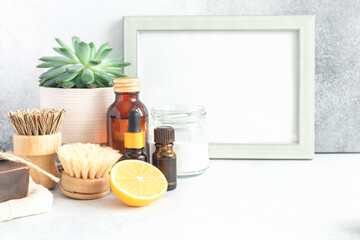Eco friendly cleaning products and tools. Frame for text. Bamboo accessories and natural products for cleaning the kitchen - Image
