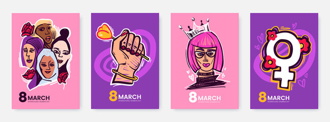 International Women's Day greeting card collection in funny cartoon style. 8 March posters design with comical illustrations of womens and symbols of feminism. Ideal for print, postcard, social media.