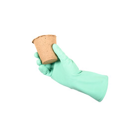 A hand in a protective glove holds a peat pot for seedlings. Isolated on white with saved path.