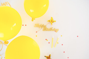 balloons background with confetti and birthday decoration