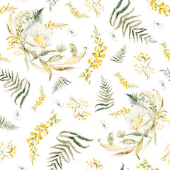 Watercolor floral seamless pattern. Hand painted green leaves, spring wildflowers, biutterflies isolated on white background. Iillustration for design, print, background